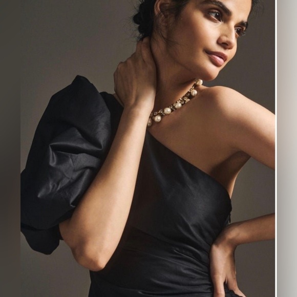 NWT SMALL Anthropologie Aureta one shoulder midi little black dress puff sleeve - Picture 2 of 9